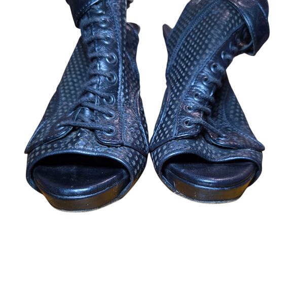 The Kooples Black Leather Peep Toe Cutout Heels Size 38 Lace Up Buckle Booties - Picture 6 of 8